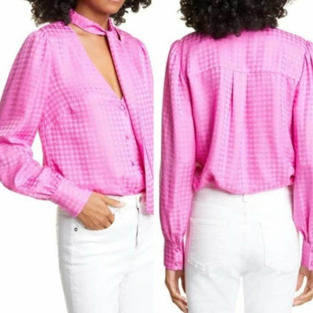 Veronica Beard Pink Nicky Tie Neck Houndstooth Jacquard Silk Top Size Medium (8)